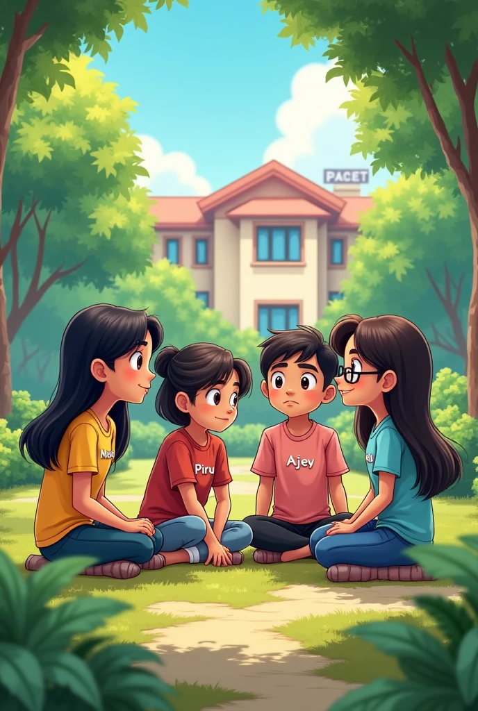 3 girls or unke bich me ek boy ek garden me beth kar baate kar rahi hai , ek ladki ke shirt par mahi likha hua hai or mahi thodi moti si hai or ek ladki ki shirt par piru likha hua hai or piru ne chasma bhi laga rakha hai or ek ladki ki shirt par tannu likh hua hai or ek ladke ki shirt par ajey likha hua hai unke pichhe ek college hai us par aditya college ka banner lag hua hai iski Indian girl animetion me image banao