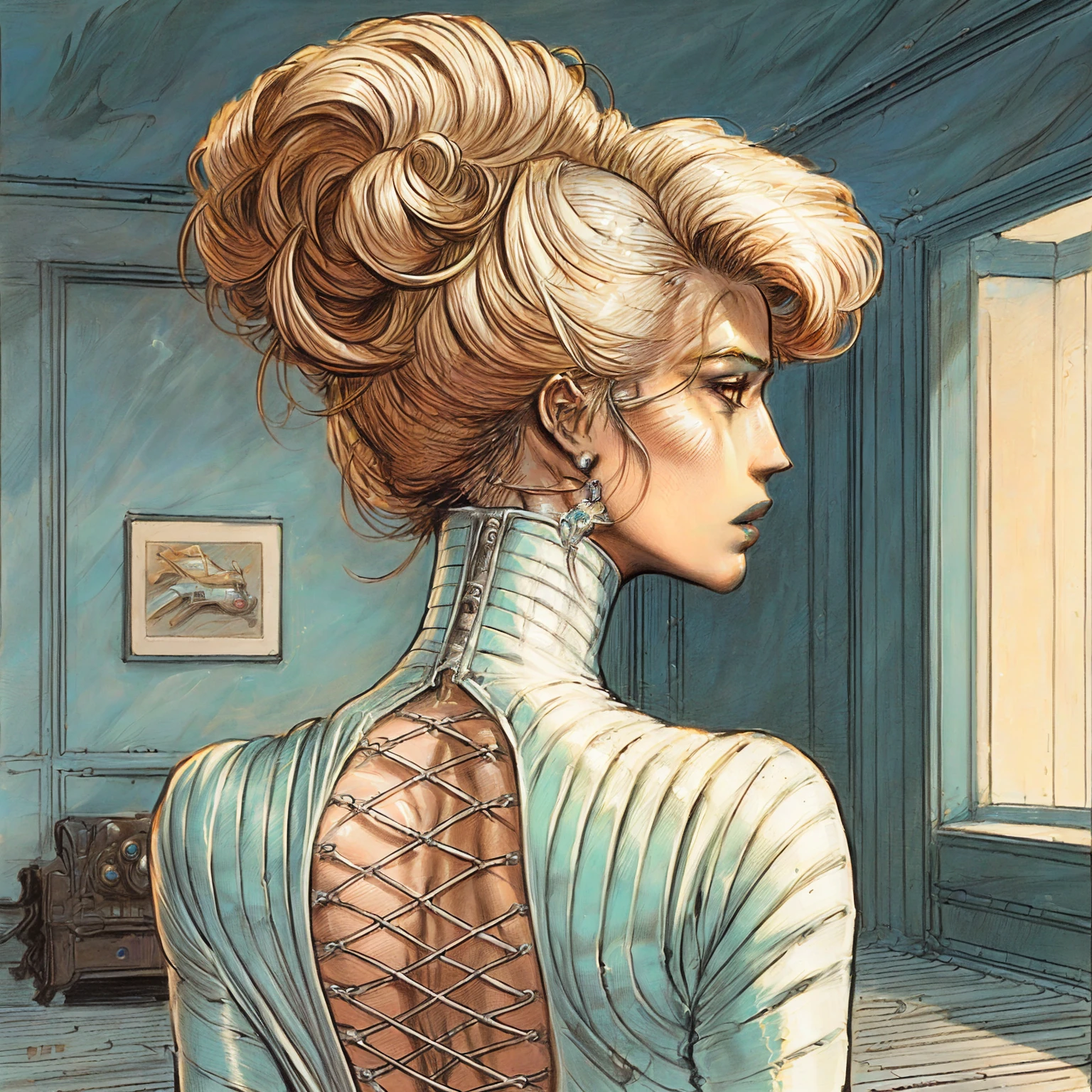 a close up of a woman with a very long hair and a rubber dress, portrait of emma frost, by Enki Bilal, adam hughes, as a retrofuturistic heroine, frank cho, invisible woman, emma frost, moebius + artgerm, part leyendecker style, moebius + loish, by Jason Felix, cables on her body, by Roberto Ferri, inspired by Mark Brooks