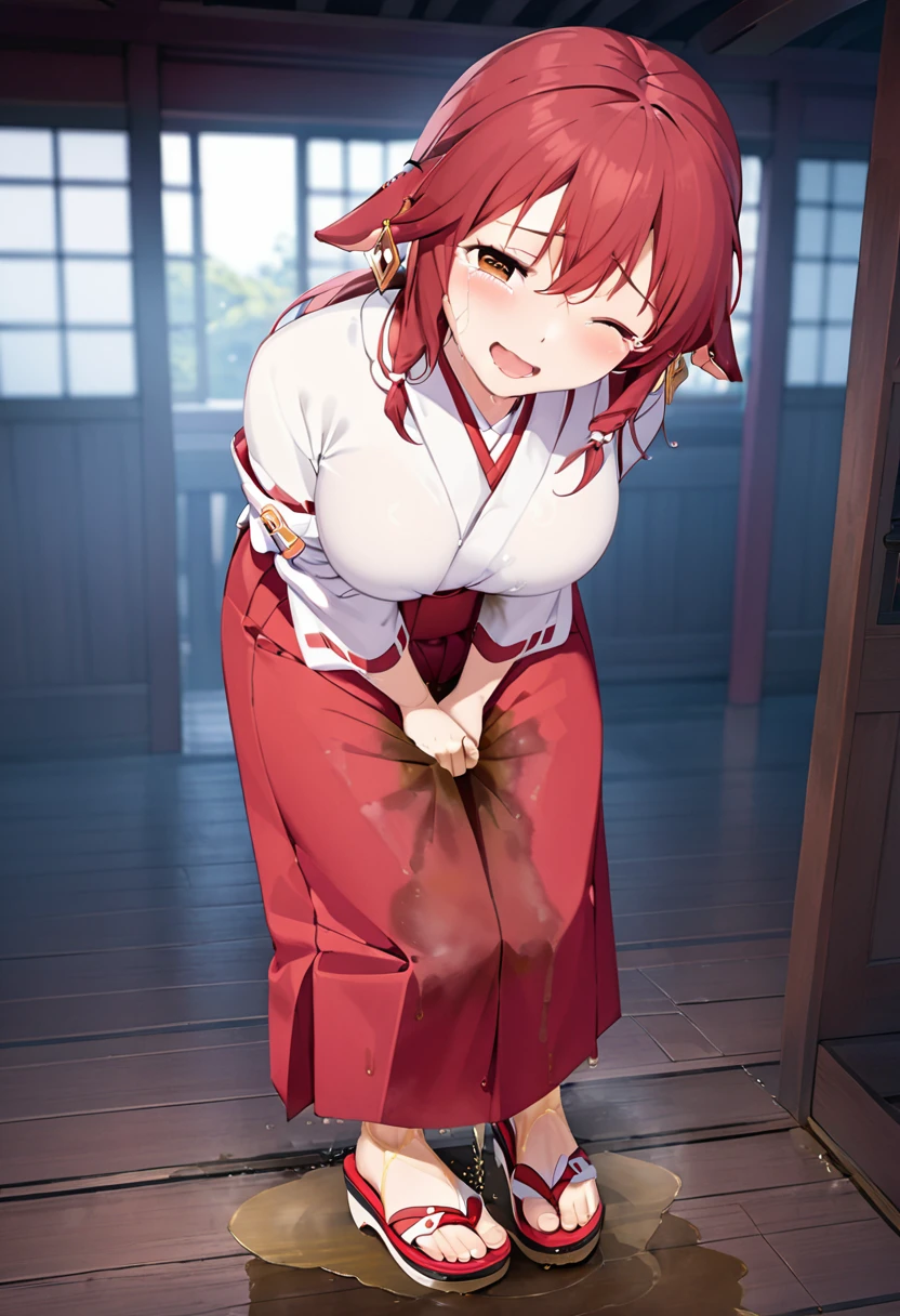 NSFW, (masterpiece, top quality, best quality, highly detailed:1.6), anatomically correct, (full body), wide shot, long shot, (Knee rubbing:3), (leaning forward, Hold the crotch area over the clothes:2.5), (standing:2), (((clutching crotch))), (woman standing in the shrine, outdoor), (miko, Maxi Length red hakama, Extremely wet with pee:2.5),strong facial expression, (sharp eye:1.2), (scowl:1.1), (embarrassed,blush:1.3), (steam:2.5), (Wet:1.1), (sweat:1.1), (trembling:1.3), (open mouth, wavy mouth:1.7), (clenched teeth:0.3), (Drooling from the mouth:0.7), (half open eyes:2.5), (Close one eye, Winking:3), (tears:3), (feeling weak:1.5), (bravery crying, sobbing:1.5), (shoot from front:1.2), (Red sandals:2), (long hair, Dark Brown hair, low ponytail:1.5), (woman trembling with sexual climax:1.5), colorful, perfect composition, (Touching the crotch:1.7), urination, incontinence, piss, peeing self, A lot of pee, (((pee stream))), (pee puddle), Wetting herself, peeing, blush, trembling, embarrassed, large breasts, Yellow pee, ((leaking pee)), Shaking one's shoulders, Breaking a sweat on forehead, Pee spread on the floor, (Pee stains), Full bladder, ((Pee-soaked hakama)), natural makeup,Pee dripping from hakama,((hakama with big urine stains)),(Widespread urine stains,hakama covered in urine),