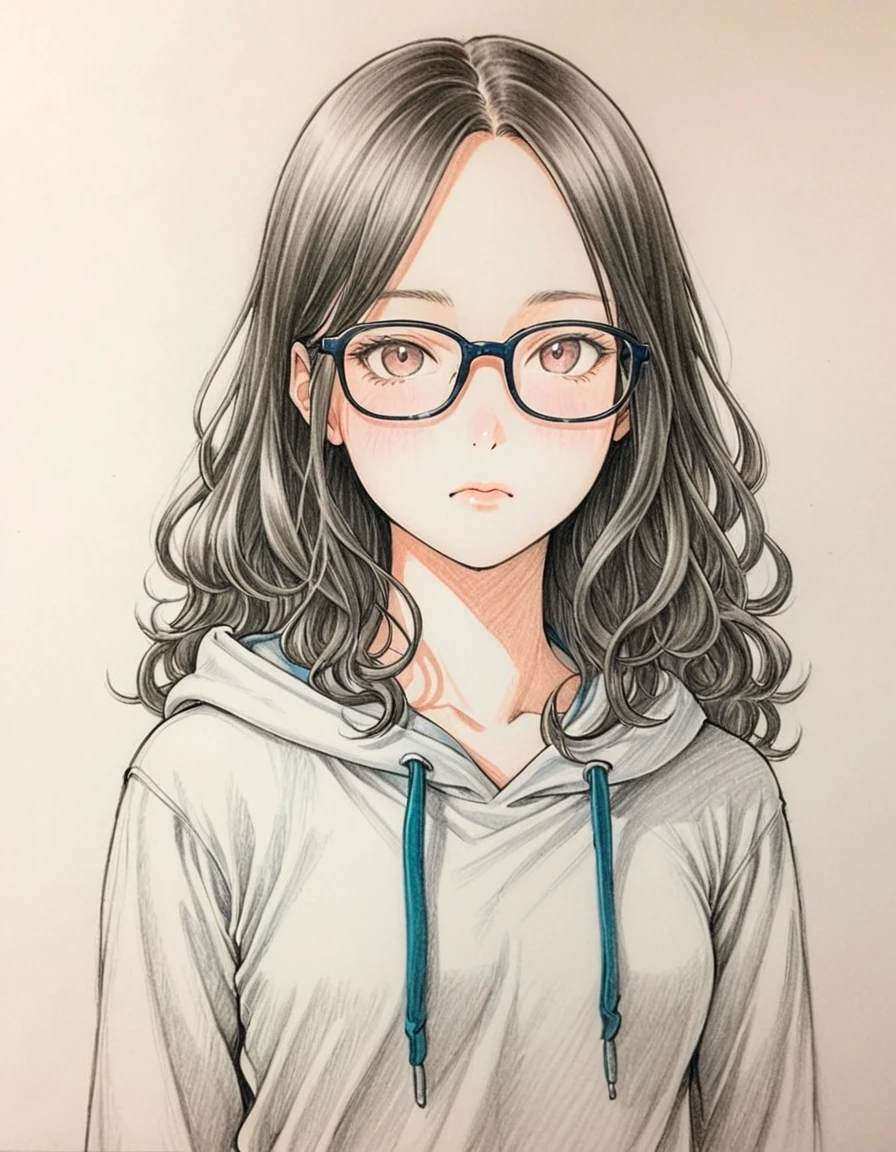 1 female, 30-year-old, alone, thin, slender, small breasts!!!, Loose curly hair, Bedhead, Forehead, thin, slender, (((glasses))), hoodie, long sexy skirt, Are standing, art, Colored pencil drawing, draft, White background, portrait