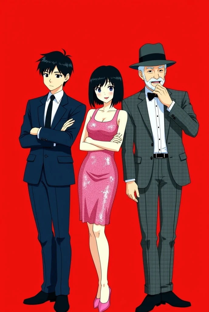 Against a bold red background、Stylish trio standing side by side. The man on the left has short black hair., Wearing a dark blue suit and tie、Arms crossed, Put on a serious expression. The woman in the center has short black hair., Wearing a sleeveless pink sequined dress, Smiling Kindly. The older man on the right、He is wearing a gray checked suit with a bow tie.。, And a black fedora, She is smiling confidently with one hand on her chin. The composition is balanced, The three figures are in semi-formal poses.Japanese、photograph