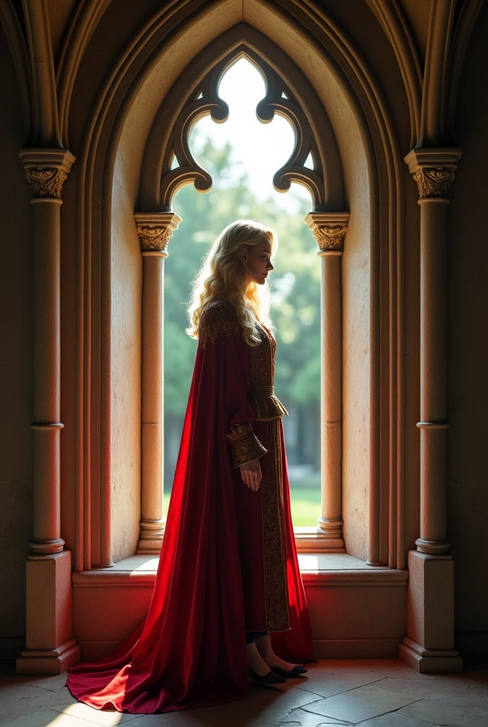 A blonde of pleasant appearance dressed in the costume of a medieval rich landowner stands at an open lancet window in the Gothic style. Ultra-realistic, photorealistic, high detail, sharp focus, contour sharpness, 8K, cinematic environment, dynamic shot, studio portrait, perfectly placed light.