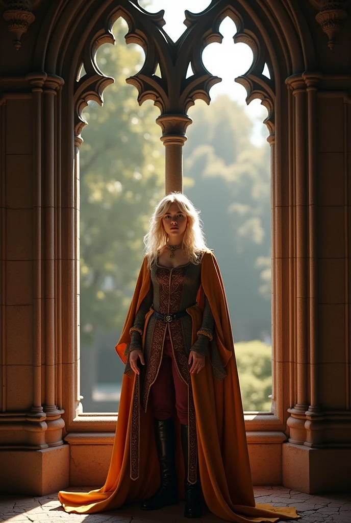 A blonde of pleasant appearance dressed in the costume of a medieval rich landowner stands at an open lancet window in the Gothic style. Ultra-realistic, photorealistic, high detail, sharp focus, contour sharpness, 8K, cinematic environment, dynamic shot, studio portrait, perfectly placed light.