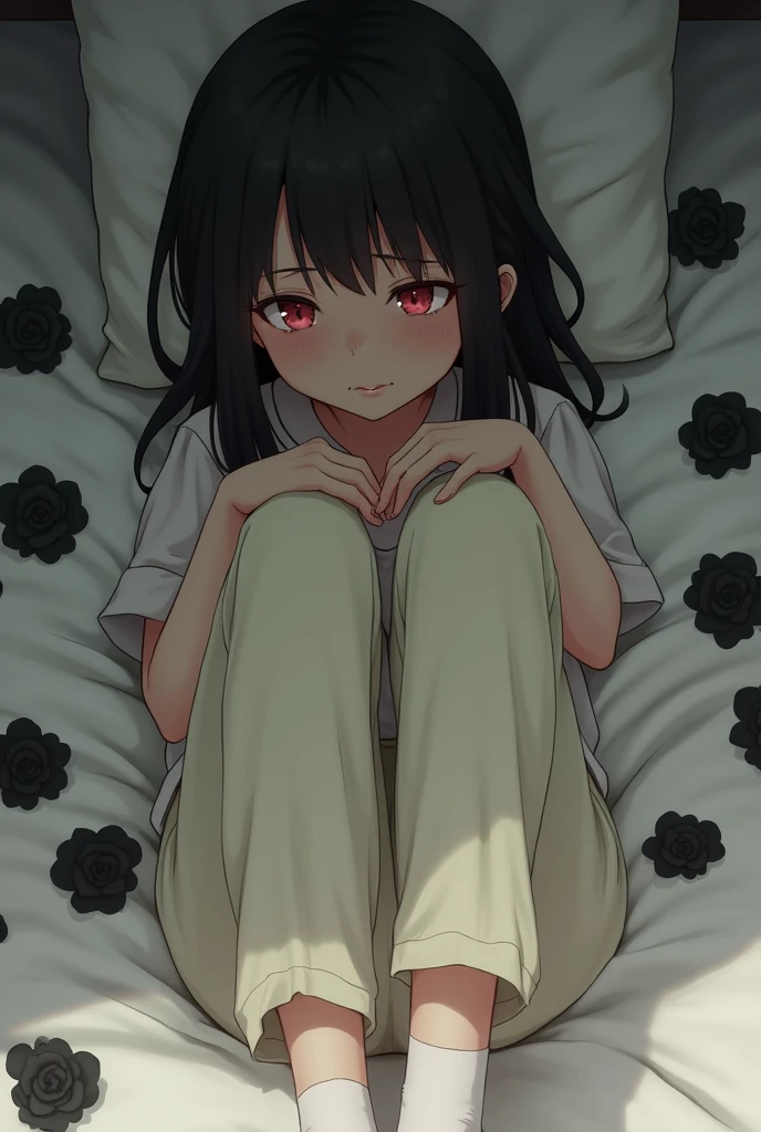 Realistic  girl sad and tears coming out of her eyes a lot in her bed, Whole body, WHITE POLE, cream pants, and white socks, her bed decorated with black flowers, vertically thrown, her legs stretched out and hands under her head 