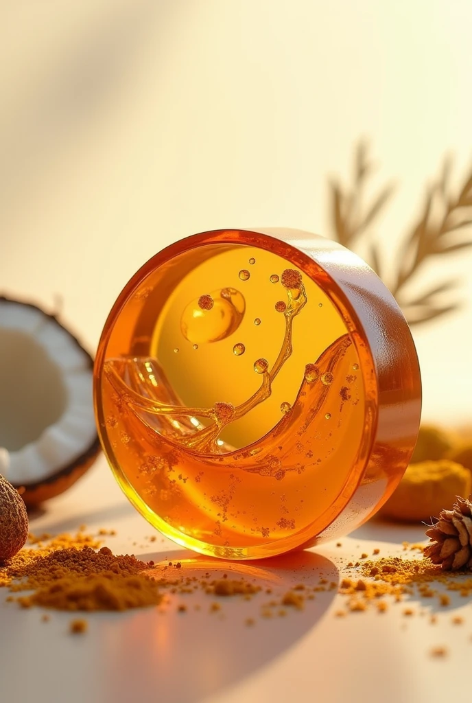 Make a transparent copper-colored soap shape, round shape, with kaffir lime leaves, coconut, rice milk, turmeric, and honey.