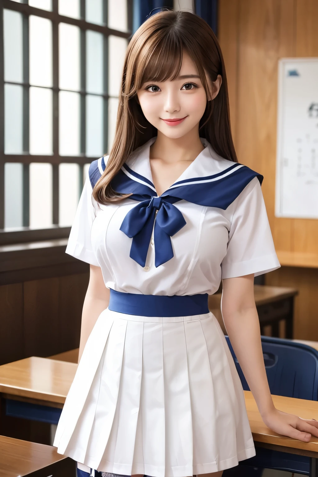 Japan female, 2、The background is a high school classroom、Standard high school uniform、Standard short-sleeved sailor uniform、White and blue sailor uniform、translucent sailor suit、Bra peeking through、Blue、mini skirt、(Blue pleated skirt)、かなり薄いBrown Hair、Brown Hair、艶のある薄Brown Hair、Brown eyes、((Big Breasts))、Large Breasts、((garter belt))、(Thin eyebrows)、Kind eyes、Smile、The hem of the blouse is long