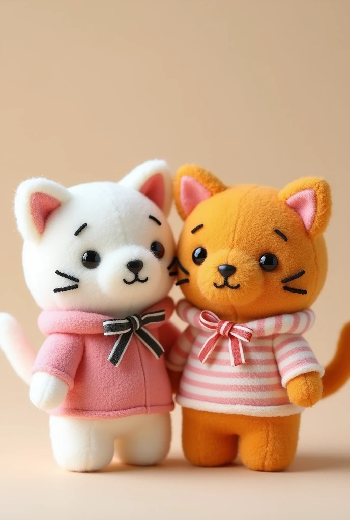 Produk desain, plushie, 2 cats, a white cat With pink stripes, a orange cat with white stripes, The material is made of fur doll cloth from the Miniso brand, kawaii design, wearing hoodies and ribbons around their necks, The brand's eyes are made of black amigurumi eyes, and the nose is black, the cat's whiskers are made of black thread ,Head size is larger than body,