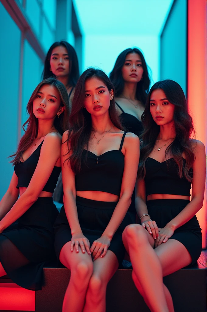 I'm taking photos for a new concept album. Create a girl group concept photo with the "Breakthrough" style