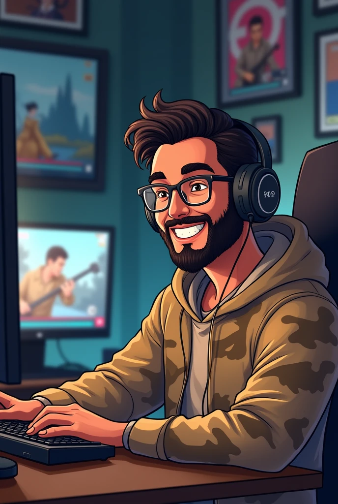 white man with slicked up hair, black glasses and black beard, beige camouflage gaming headset, expression of happiness, watching videos on the computer alone and smiling, illustrations in the gamer room, high quality fanart, 2d illustration, shadowing!!!