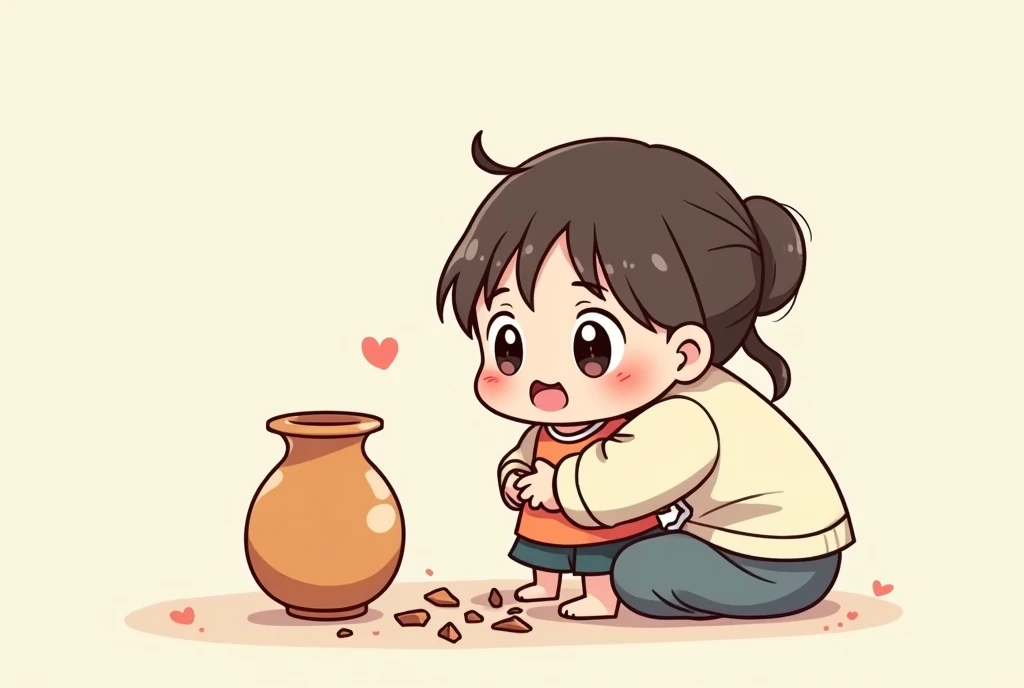 Breaking the vase，Afraid of tears，Cartoon，可爱Cartoon，可爱Cartoon风格，maternal love，Cute illustration，Clean anime art，Simple background