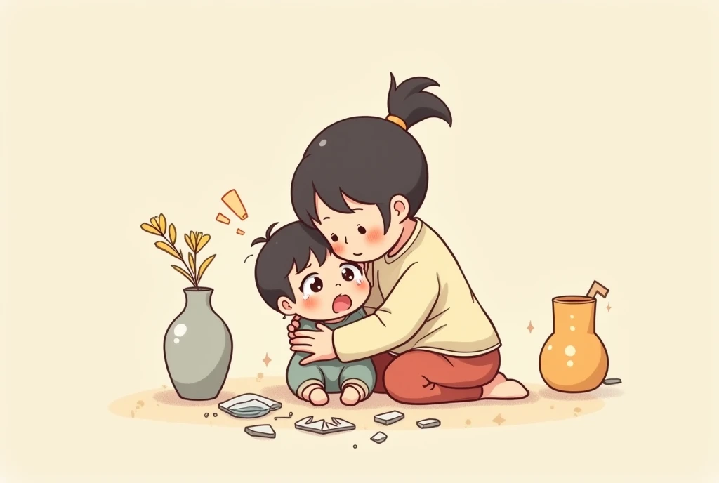 Breaking the vase,Afraid of tears,Cartoon,可爱Cartoon,可爱Cartoon风格,maternal love,Cute illustration,Clean anime art,Simple background