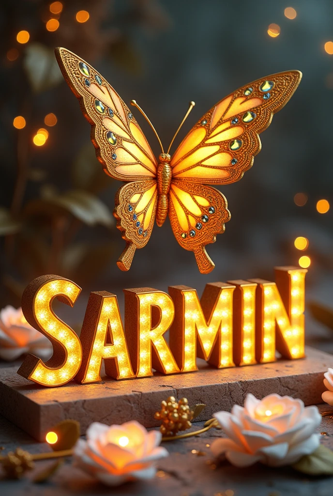 mesmerizing and luxurious 3D render illustration featuring the name "Sarmin" in bold, ornate, and regal yellow letters. The letters are accentuated by a plethora of shimmering gemstones and designs, exuding an air of elegance. Suspended above the name, a grand golden butterfly, adorned with gold and brown gemstones and displaying a natural, lifelike pose, spreads its wings, enhancing the grandeur of the scene. At the base, two radiant white roses, illuminated with tiny lights, and a few small,