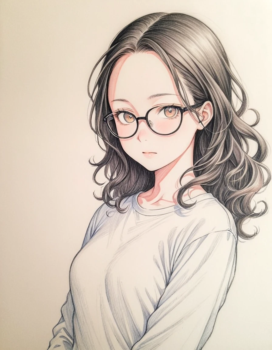 1 female, 30-year-old, alone, thin, slender, small breasts!!!, Loose curly hair, Bedhead, Forehead, thin, slender, (((glasses))), long sleeve T-shirt, Skinny skirt, Are standing, art, Colored pencil drawing, draft, White background, portrait