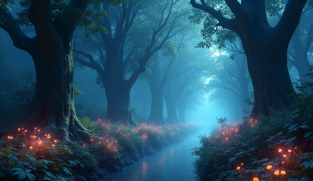 A dense, magical forest with towering, ancient trees and bioluminescent flora. The undergrowth is alive with softly glowing plants and flowers. The forest floor is covered in a soft, shimmering mist, and the entire scene is bathed in a gentle, otherworldly light that highlights the magical nature of the forest