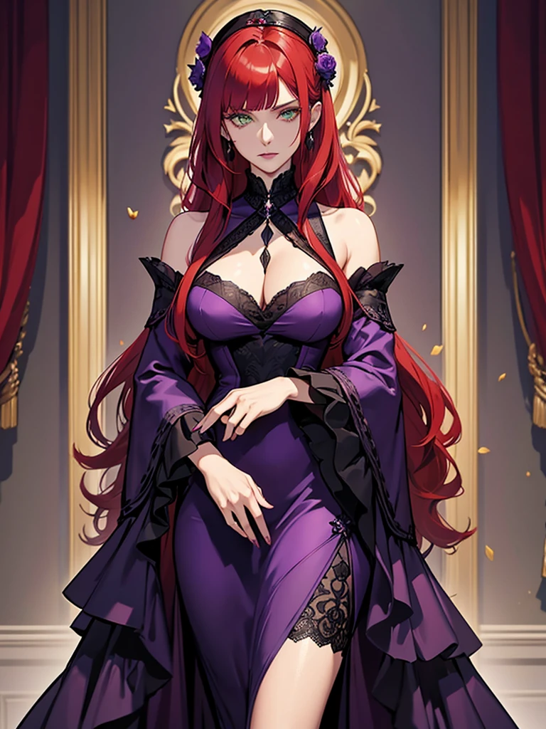 green eyes, red hair with long bangs, noble. sadistic women, wavy long hair. strong woman. purple outfit. she quiet. wear purple and black outfit. background in luxury mansion. dominant woman. mafia. mature woman. girl boss. with black purple dress. wearing green flower and leaf decorations in her hair