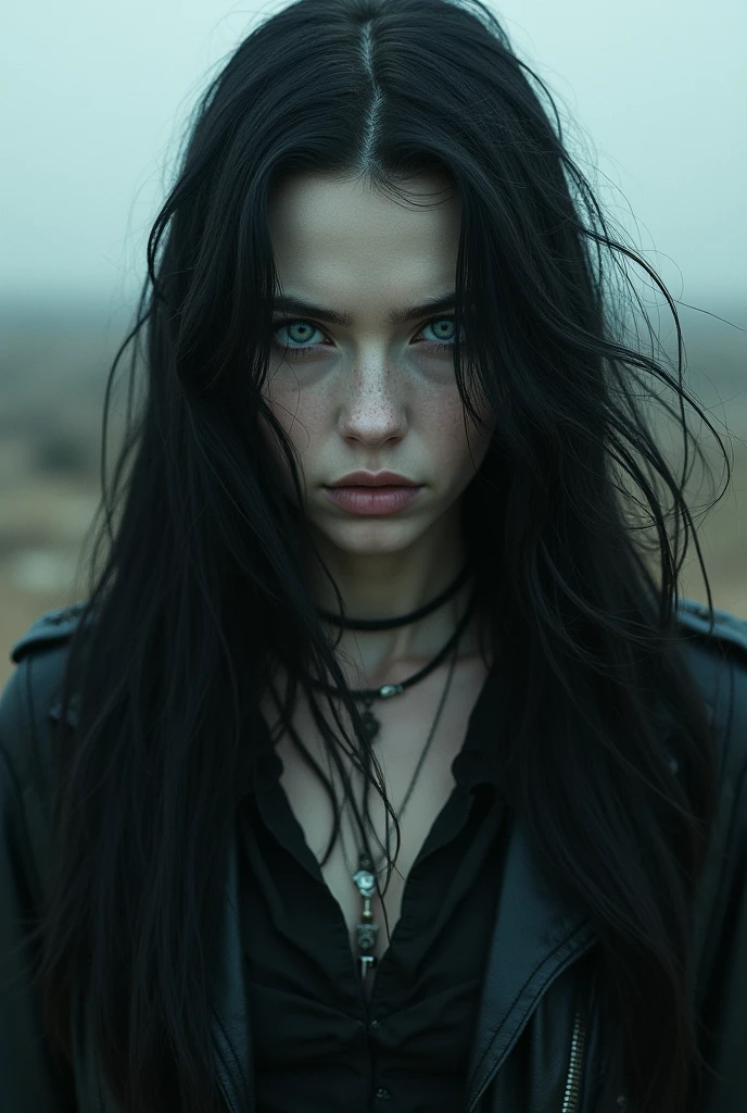  woman, pale white skin, greyish blue eyes, fox eyes, blackquality hair, western, apocalypse clothes, long  hair