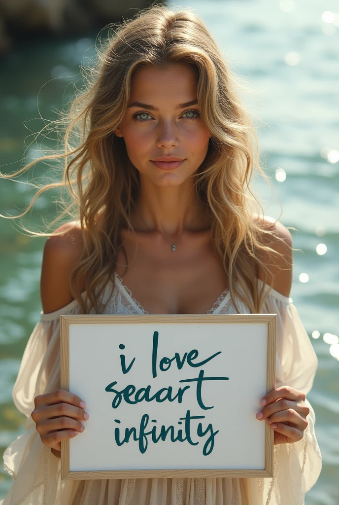 Beautiful girl with wavy long hair, bohemian dress, holding a white board with text "I Love Seaart Infinity" and showing it to the viewer