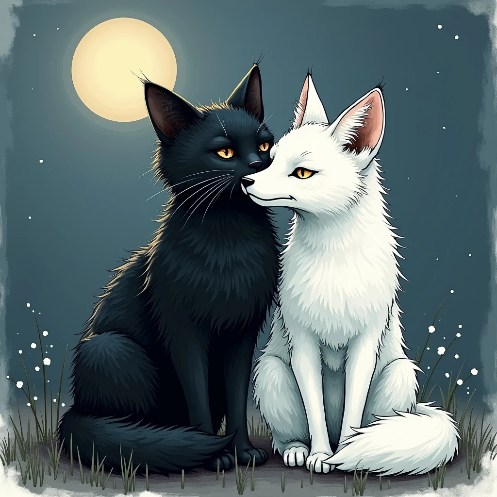 A black cat and a white fox leaning on each other in the moonlight sketch