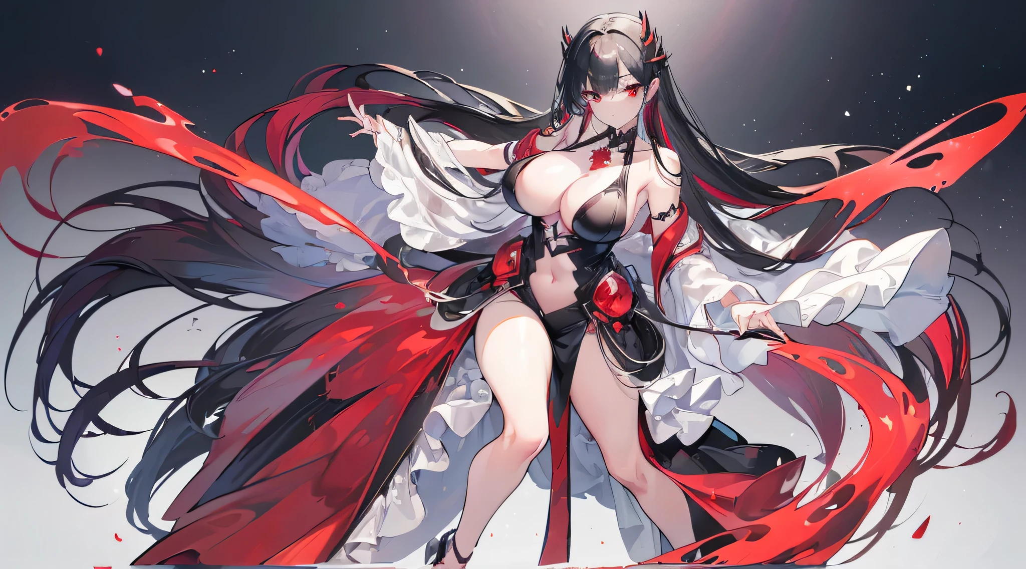 Exquisite eyes),(Clear and beautiful eyes:1.61),masterpiece, ung girl,(Black clothes and some red gems), Black long hair, (She has a huge red gem on her chest), Good Hand,((The Havoc of StarCraft)),full-body shot,Fighting Stance,(Red Eyes:1.466),short and small,(Very big breasts:1.35),(Pretty Face),(full-body shot:1.33),Beautiful hands