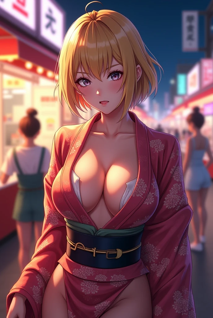 yukata,yukataがはだける,Sexy look,woman,Blonde,Gal,Short Hair,Big Breasts,festival,night,stall,Watagashi,high quality,anime,