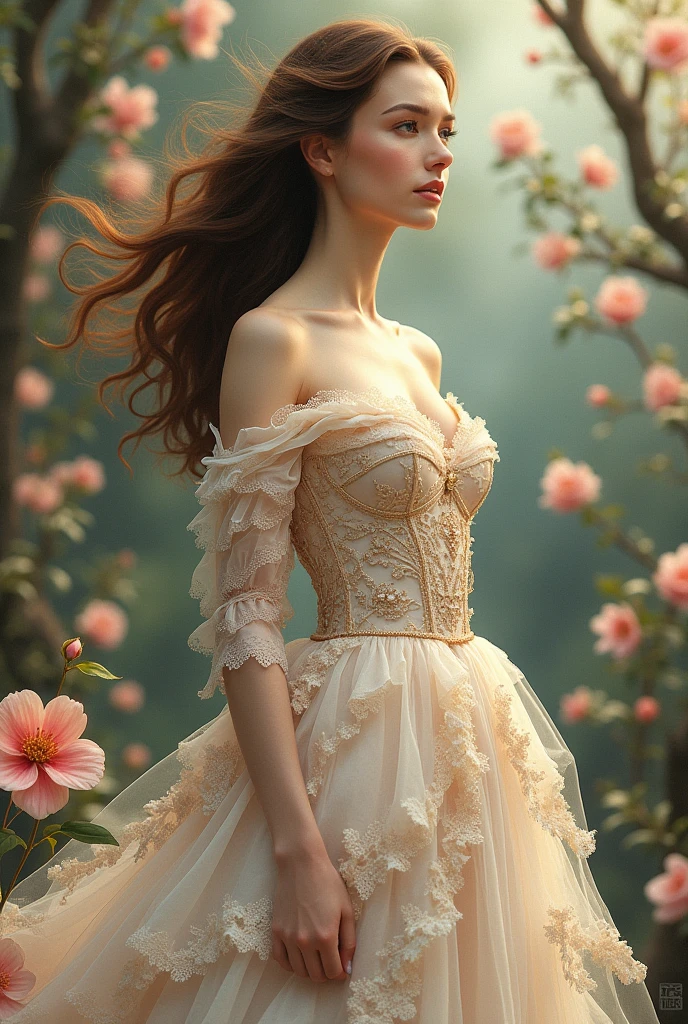 oh,your beautiful woman,wearing an elegant dress,mahogany brown hair, hyperdetailed gown, thank you for the beautiful photos, Spring scenery, Surreal ink Art on aged paper, Tear_paper_Art; Stunning and unique creation. perfect composition. detailed. 8K resolution.