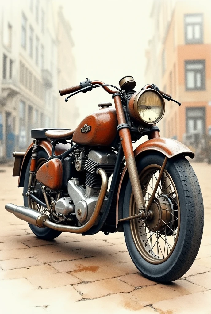 watercolor painted old motorcycle, in the style of painter David Uhl