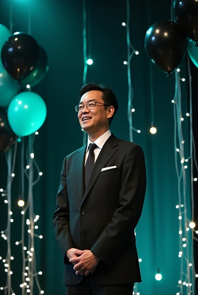 a classy and elegant high end school broadcast podcast opening ceremony, dark colors including teal, black , and grey. balloons, ribbons and lights for an entrance , no pink
