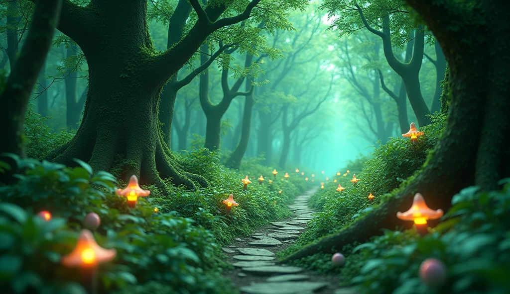 mystic & fantasy green forest with enchanted vibe. Image should be 3d