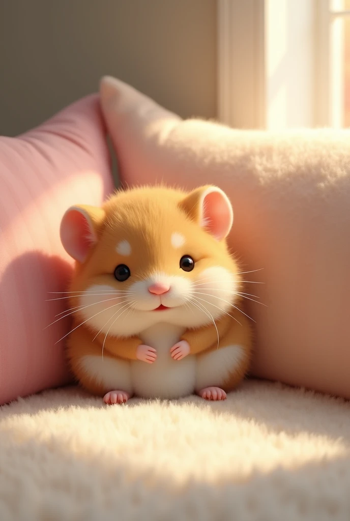 A hamster between two pillows