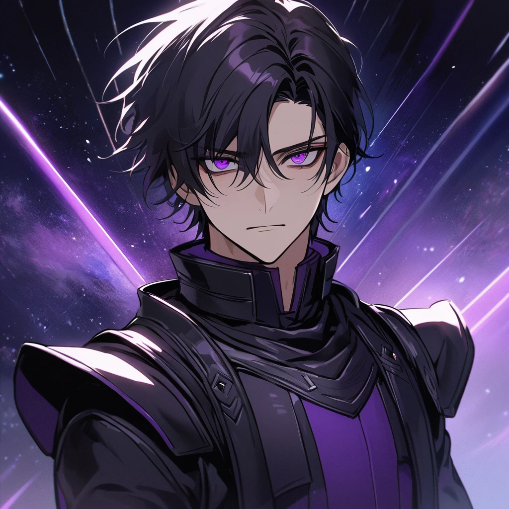 High quality, HD, 4k, no shadows, handsome male, handsome, extremly handsome, 1male, 1 male, teenager, pure black hair, short black hair, dark hair, black hair, jet black hair, sharp eyes, deep purple colored eyes, dark purple colored eyes, deep violet eyes, violet eyes, devil may cry, close up, calm expression, stoic expression, black leather clothes, black leather clothing, leather clothing, lean body, well trained body, upper body, looking at viewer, cowboy shot, white solar, space background