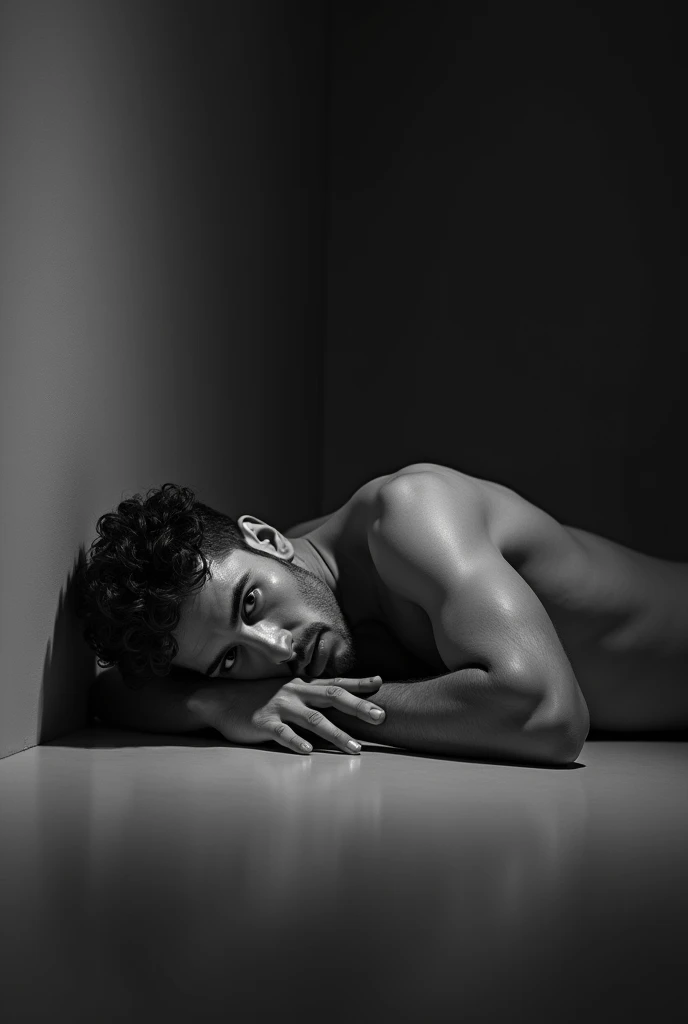 Make an emotional male model, laying down,black and white