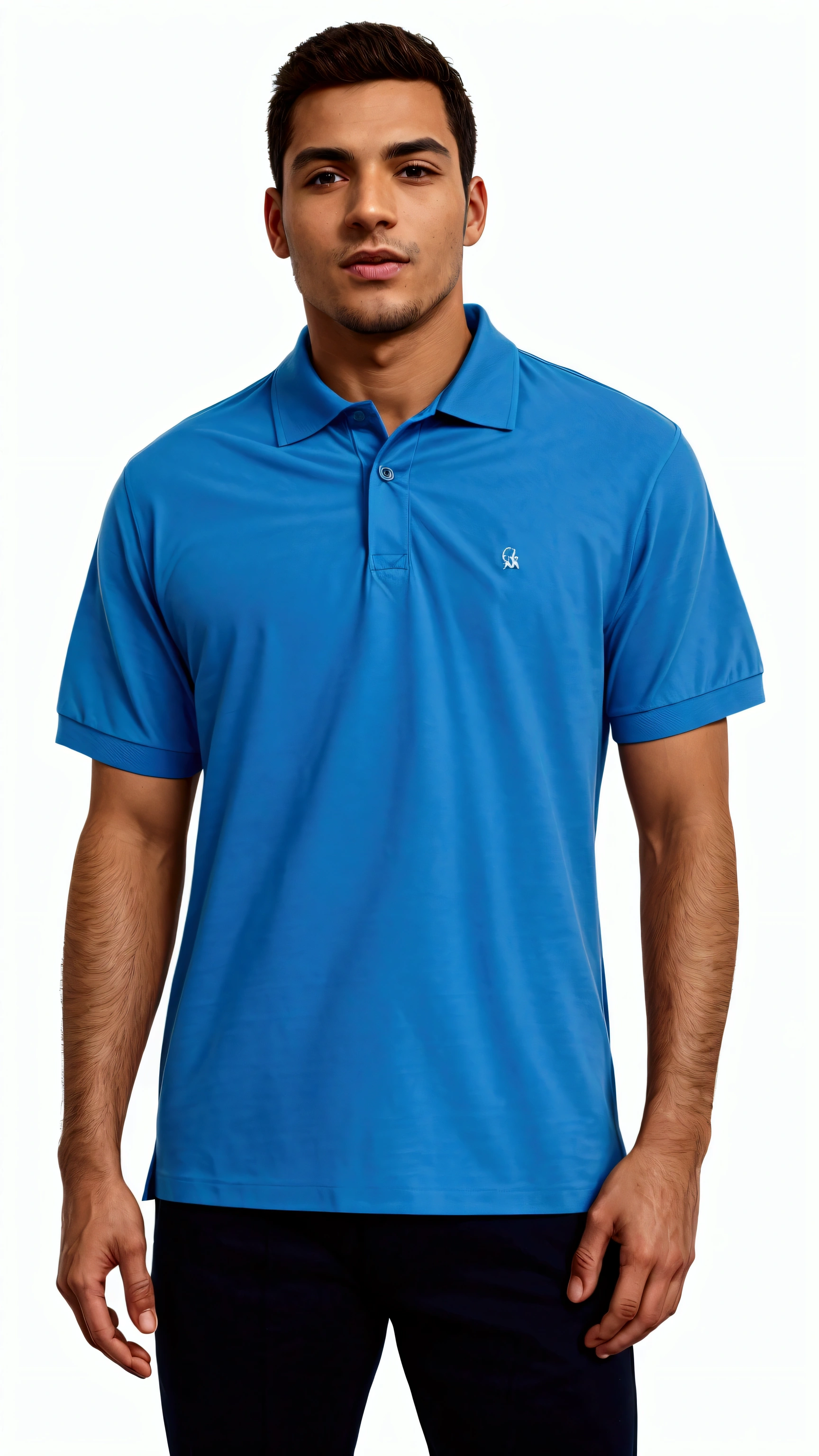 a man in a blue polo shirt while standing, wearing a dark blue polo shirt, wearing polo shirt, in a dark teal polo shirt, blue shirt, kobalt blue, sky blue, royal-blue, short sleeves, light-blue, wearing a light blue shirt, blue clothing, various colors, collared shirt, cobalt blue, blue - print, blue uniform