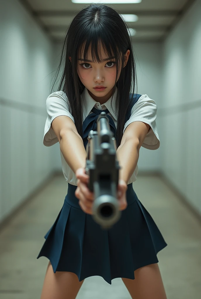 real beautiful sweet big eyes high school japanese mini skirt standing stance legs open wide spreading full portrait holding rifle gun pointing at you front facing aiming at you shooting range sexy legs
