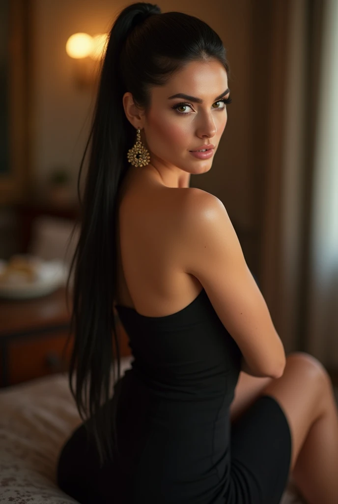 a very realistic and detailed photo of beautiful french woman, tight black dress, perfect makeup, long straight sleek dark ponytail hair, high quality, photorealistic, 8k, luxury, elegant, sophisticated, confident, studio lighting, cinematic, glowing skin, piercing eyes, full lips, sharp focus