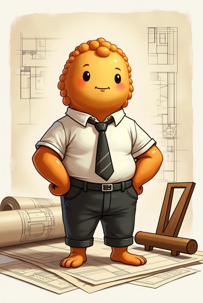 drawing of a bocol (bocoles traditional mexican snack from the Huasteca region of mexico) tender and dressed like an architect, along with plans and T-square