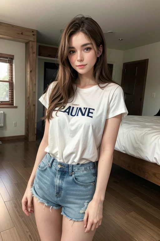 white woman with brown hair in shirt and denim shorts indoors