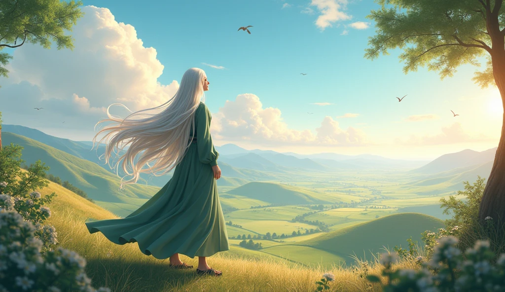 Panoramic animation beautiful long-haired senior