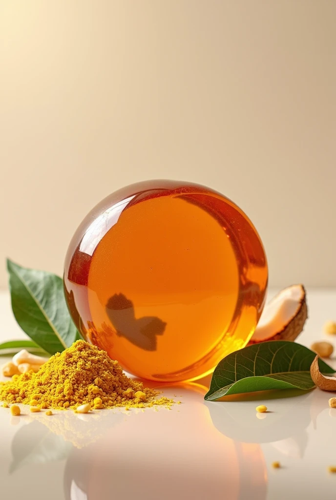 Make a transparent copper-colored soap shape, round shape, with kaffir lime leaves, coconut, rice milk, turmeric, honey, Thanaka.