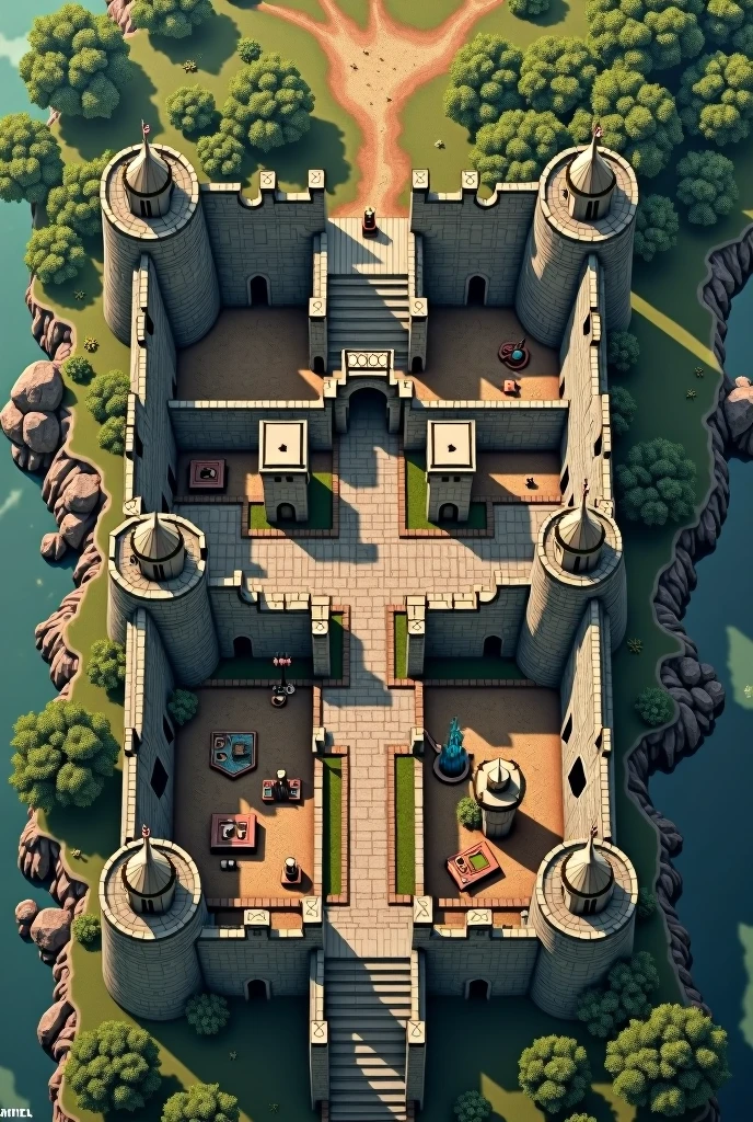Dungeons and dragons map
Cenital view
Castle Layout Overview
Castle Name: Castle Alderwyn
General Structure: Two concentric walls (outer and inner) with various rooms and courtyards.
Key Areas
Outer Wall
Gatehouse: Large wooden doors reinforced with iron.
Guard Towers: Two towers on either side of the gatehouse with archers.
Outer Courtyard: Space for training, stables, and merchant stalls.
Inner Wall
Inner Gate: Smaller but fortified entrance leading to the inner courtyard.
Inner Courtyard: A more decorative area with a fountain and gardens.
Watchtowers: Two towers at opposite corners for a better vantage point.
Great Hall
Located within the inner wall, this impressive room features:
High vaulted ceilings.
Long dining tables.
A large stone fireplace.
Tapestries depicting the castle’s history.
Additional Rooms
Throne Room: Adjacent to the great hall, housing the lord/lady's throne.
Kitchen: Large space for food preparation, with walk-in pantries.
Bedrooms: Several guest rooms, and the lord’s chamber with an attached study.
Armory: Storage for weapons and armor, located near the great hall.
Library: A quiet room filled with books and scrolls.
Defensive Features
Moat: Surrounds the outer wall, with a drawbridge connected to the gatehouse.
Ballistae and Catapults: Positioned on walls for defense against sieges.
Secret Passages: Hidden tunnels leading out from the inner courtyard.