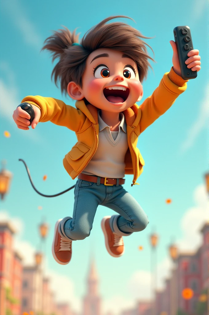 Create an animated character jumping for joy with a video game controller escaping from the reality of the world