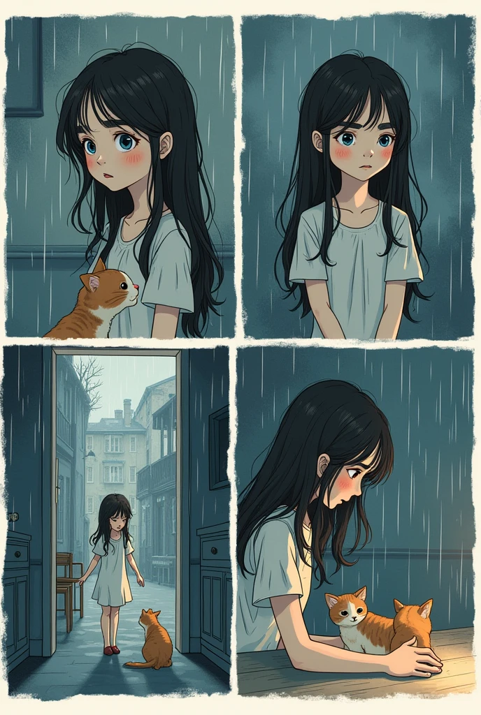 Panel 1: Draw the girl walking, similar to the style of the character in your image, with visible legs in motion. Your expression should reflect sadness or tiredness..
Panel 2: The girl meets a stray cat. You can draw the cat on a low wall, with the girl leaning over to greet him, just like in your reference image.
Panel 3: It shows the girl petting the cat, with a happier expression. This marks a change in your mood..
Panel 4: Draw the cat doing something mischievous, like scratching a piece of furniture or throwing something. The mother appears in a corner of the panel with an angry expression..
Panel 5: It represents the mother throwing the cat out of the house., with the girl in the background, looking worriedly from a window or door.
Panel 6: The girl runs in the rain, looking for the cat. You can show her with wet hair and clothes, conveying the urgency of the situation.
Panel 7: The girl finds the cat in a dark corner or under a shelter, hugging him to comfort him.
Panel 8: Finally, the girl and the cat are at home, with the mother watching them with an expression of remorse. Includes the text "AND IF YOU WERE THE PET" in a space at the end, with the moral about respect for living beings. you have a comic