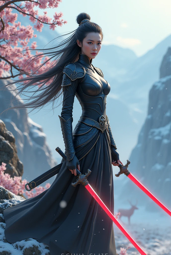 (masterpiece, best quality, beauty, best ratio, best shadows,best Illustration, wallpaper size,1080×2400 pixels, detailed face, pastel colors) china theme.
uhd, china female kungfu, korean beauty like tae yon, dancing, face fully visible, shining blue eyes, windblown hair, wear black mate full general armory with elegant swans emblem, hand holding dual swords emits red energy with a commanding presence, on top of the snowing sakura tree. morning sky snowing mountain, snow deer seen on far away. use the RenderMan renderer.digital art. High definition, high contrast,high color saturation,128k,cinematic lighting, intricate,cinematic advertising photograph,cinema lens, super high res.