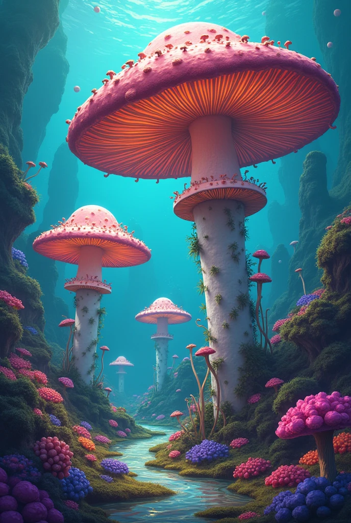 Very psychedelic mushrooms more illustrative on the exaggerated seabed