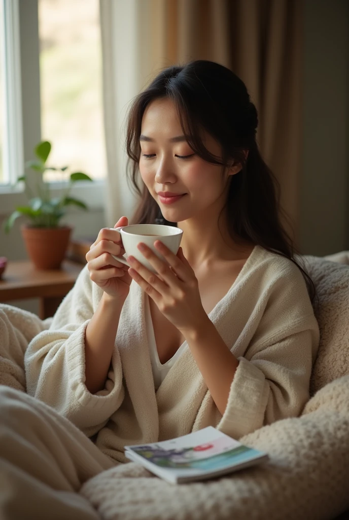 A photo of a person relaxing at home with a cup of cold tea