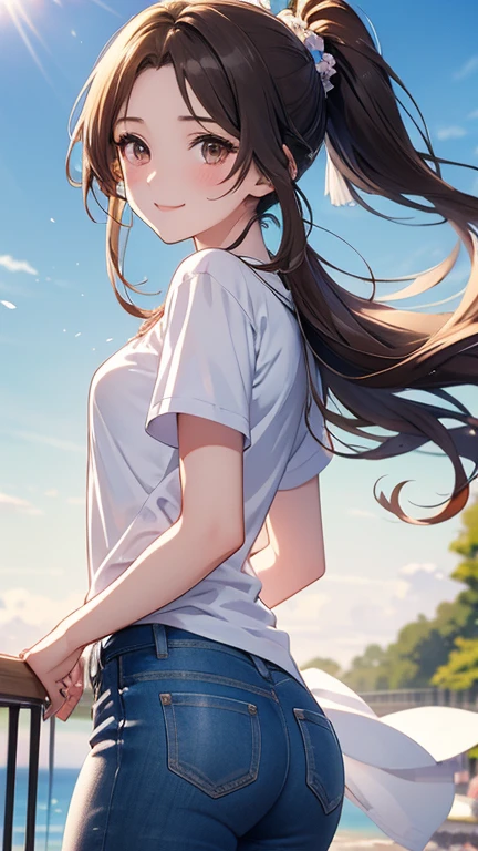 Highest quality, masterpiece, Ultra-high resolution, 8k,,Spring Sky,((Spring Outfits)),Show anime style , One, Soft Line Art, Digital Enhancement, shojo anime touch, shojo manga core, Flowing fabric, close, Soft Drawing, Ultra High Definition Digital Anime Art, Clear facial depiction, Highly detailed girl manga character art, Ultra-detailed manga style, Highest qualityの色,
(Brown ponytail),Staring at us from the front,Beautiful brown hair, Clear brown eyes, A little chubby,Small breasts,Small butt,(((Teasing Smile))),
Summer landscape,T-shirt and jeans,Sunshine,Sweat on the forehead,Bottled water,I hold my hands up in the dazzling sunlight