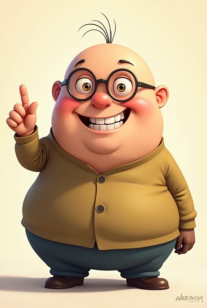 Imagine a cartoon of a man who looks like "gru" from "despicable me" but with a little hair on the sides of his head., he is smiling and giving a thumbs up, chubby and tall