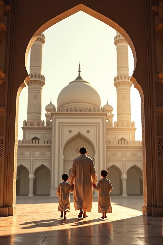 A man wearing pajama and kurta going to mosque for namaz with children 