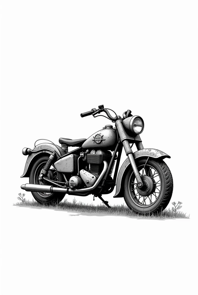 black and white line drawing of an old rusty motorbike