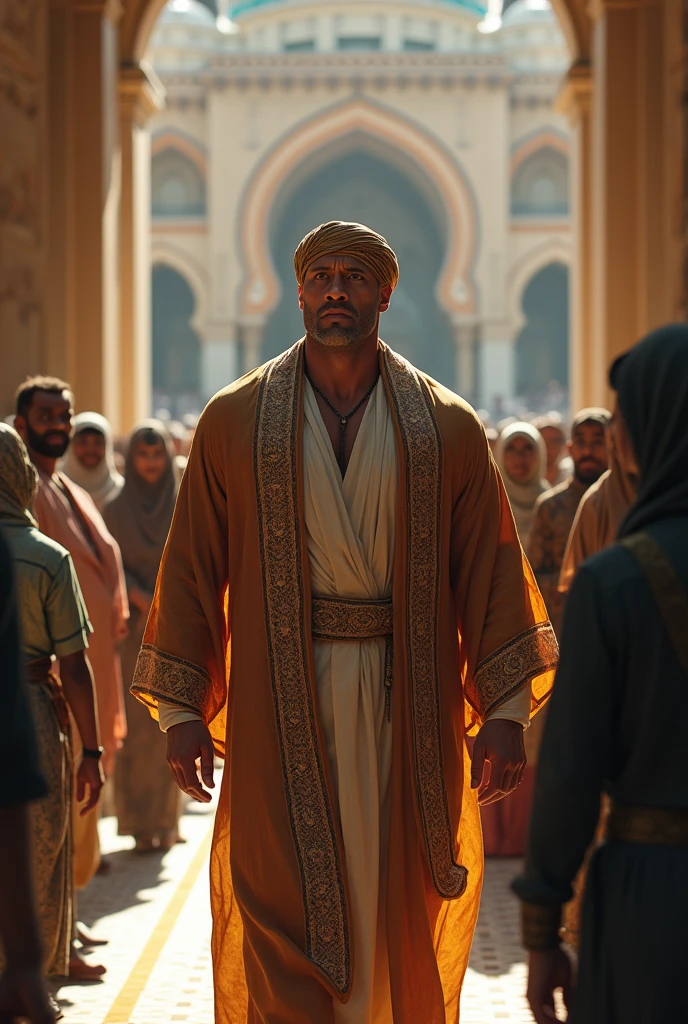 Dwanye Johnson walking to mosque wearing islamic turban and ask people to perform prayer together