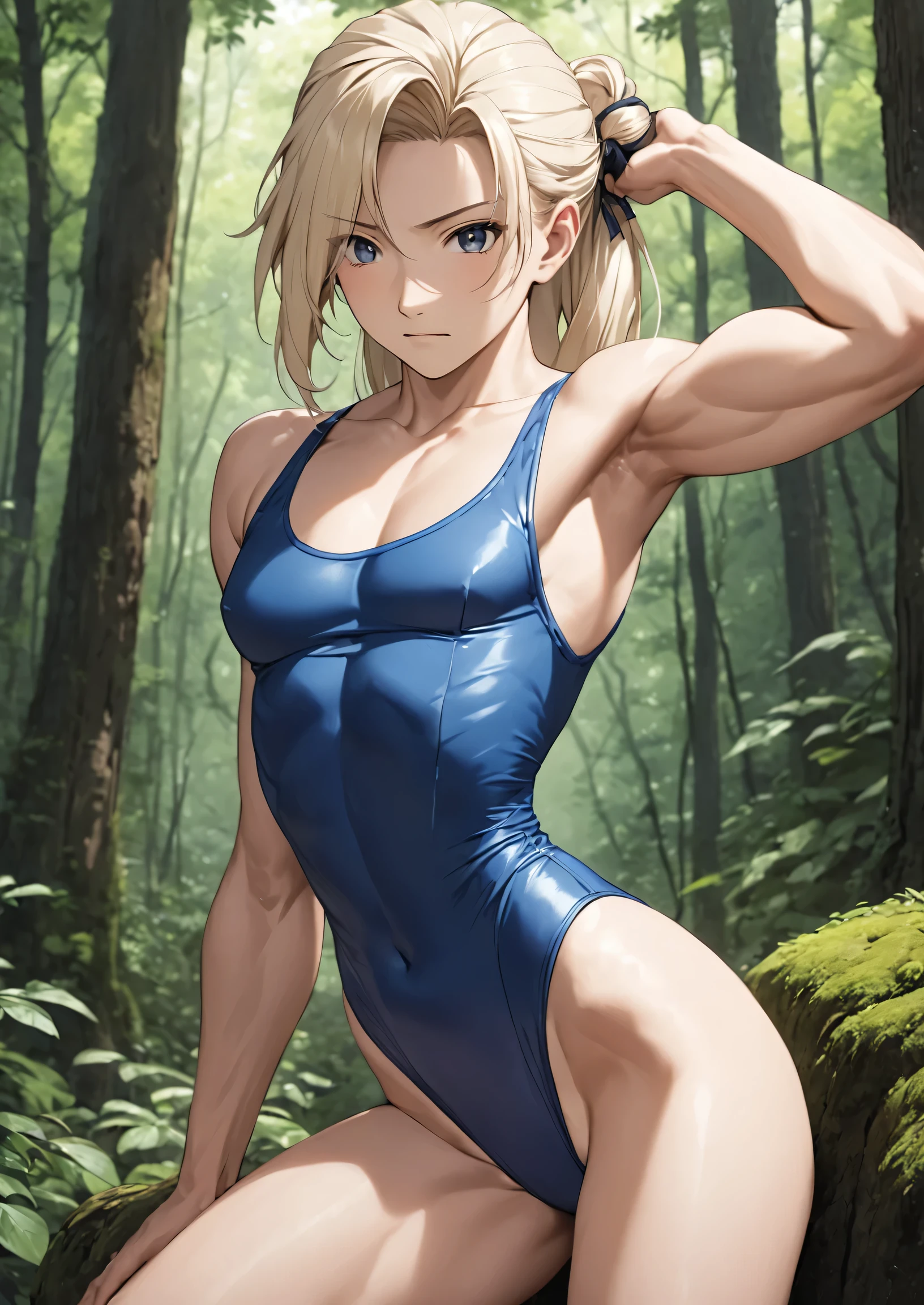 Ino yamanaka as a boy, A boy in a blue leotard posing in a forest area, solo, Very long blonde tied up hair, Strong pose, so beautiful. (Beautiful Boy, ), Perfect Body,  Sexy upper body, Photorealistic perfect body, boy is wearing a girl's leotard, Sexy body, (The shoulders of the leotard are covered with a tank top, The leotard has a high-cut waist), Cute, crossdressing, Bare shoulders, bare legs, Bare Arms, (male body:1.5), manly body, 